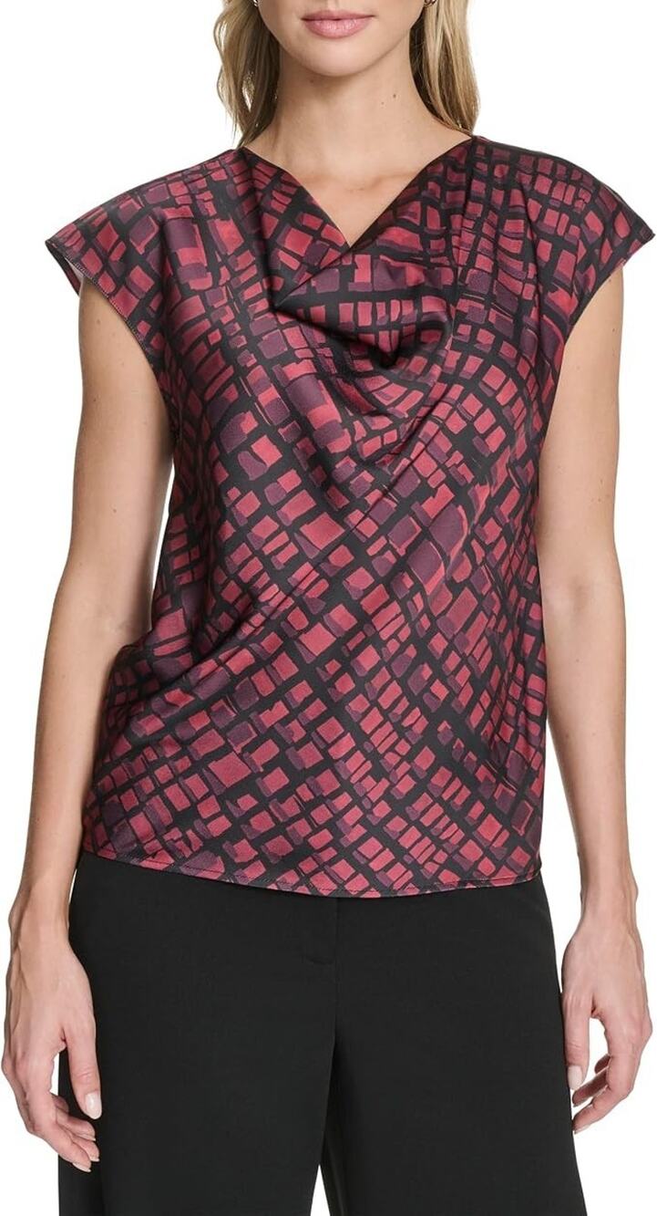 Calvin Klein Top Womens Small Cranberry Multi Geometric Cowl Neck Boho Chic NWT